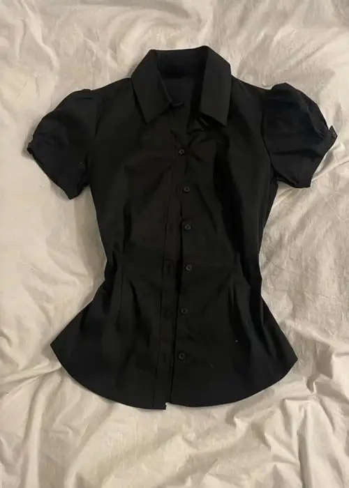 Siyah Vintage Mini Puff Sleeve Goth Y2K Kısa Kollu Gömlek