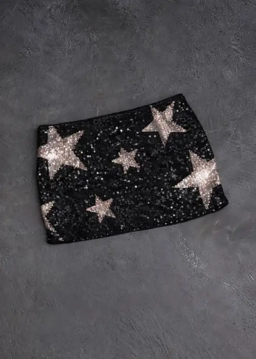 Siyah Beyaz Star Pul Sim Detaylı Şort Etek