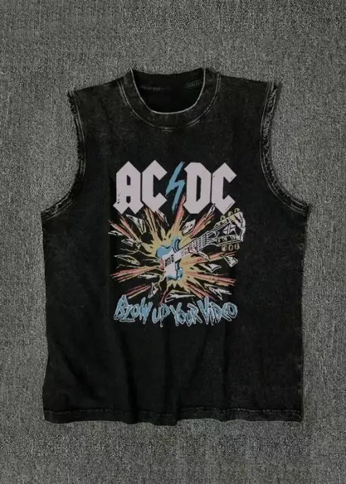 ACDC Yıkanmış Eski Retro Atlet Bisiklet Yaka Yıkamalı Vintage Unisex Oversize