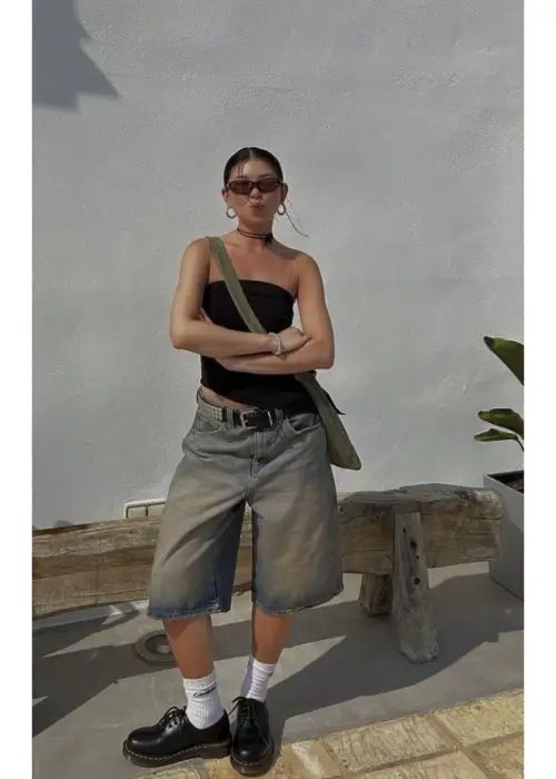 Kahverengi Baggy Şort Yıkamalı Baggy Jean Şort