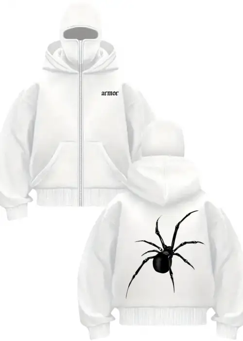 Beyaz Armor Spider Baskılı Kar Maskeli Unisex Sweatshirt Hırka