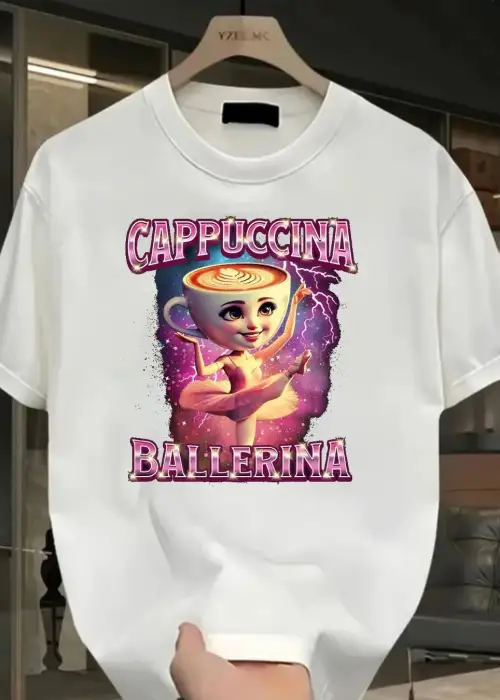 Beyaz Cappuccino Ballerina Baskılı Yıkamalı Vintage Unisex Oversize T-Shirt