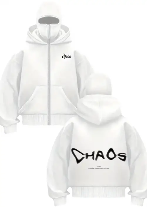 Beyaz Chaos Baskılı Kar Maskeli Unisex Sweatshirt Hırka