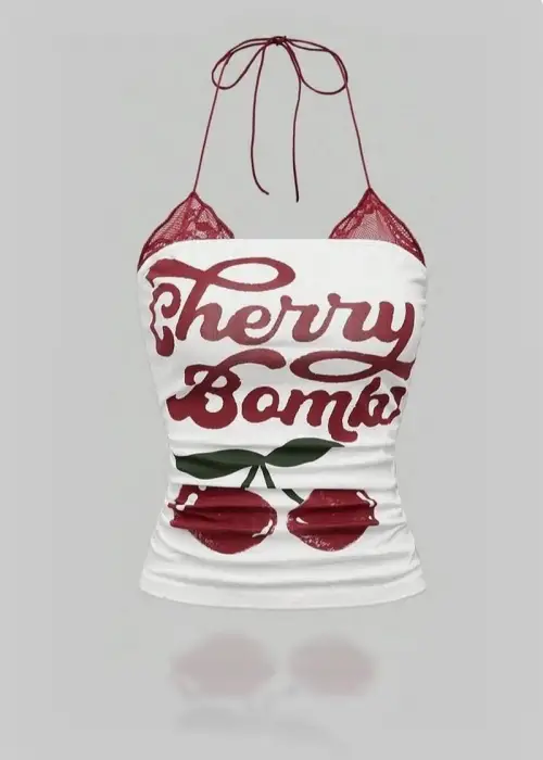 Beyaz Cherry Bomb Dantelli Ek Askılı Crop