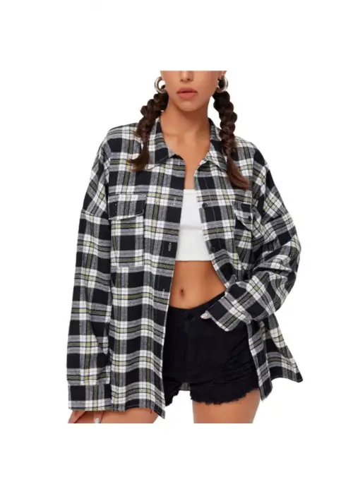 Beyaz Geniş Şeritli Siyah Oversize Kalıp Oduncu Gömlek