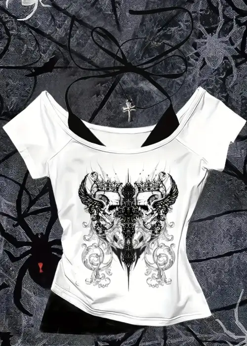 Beyaz Gothic Angel Yaka Ek Askılı Kısa Kollu Full Body Crop
