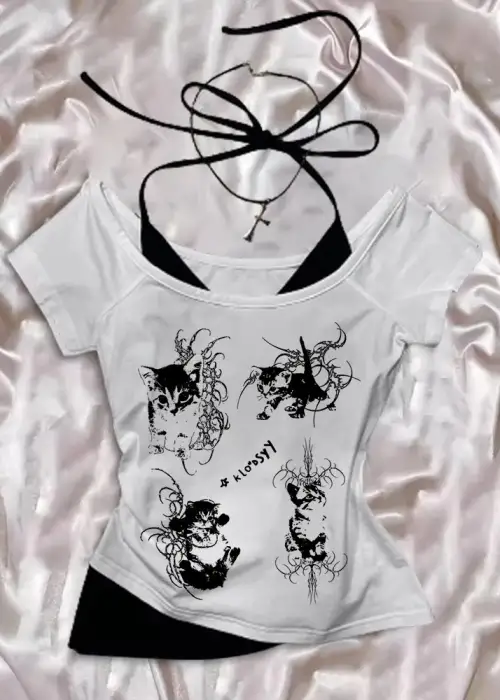 Beyaz Gothic Cat Yaka Ek Askılı Kısa Kollu Full Body Crop