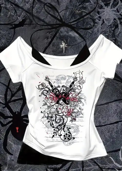 Beyaz Gothic Red Love Yaka Ek Askılı Kısa Kollu Full Body Crop