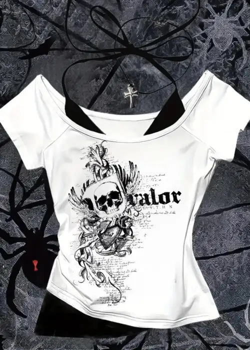 Beyaz Gothic Victory Yaka Ek Askılı Kısa Kollu Full Body Crop