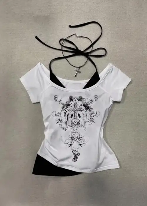 Beyaz Gotik Cross Wing Askılı Y2K Kısa Kollu Crop