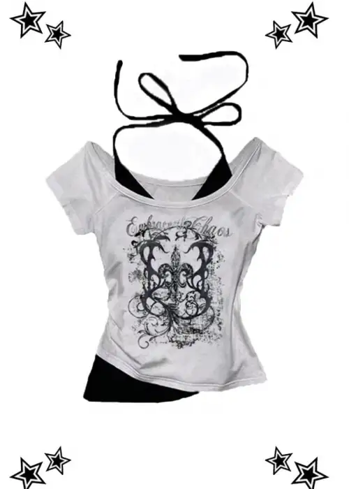 Beyaz Gotik Embrace Madonna Yaka Ek Askılı Y2K Kısa Kollu Crop