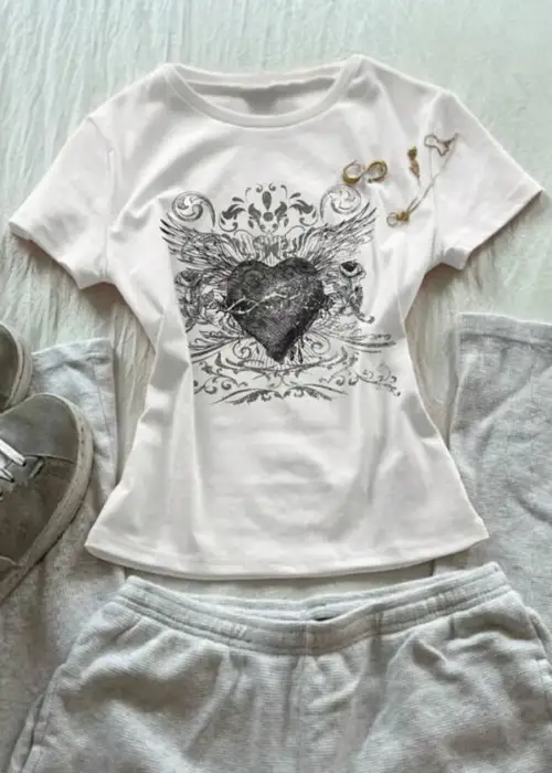 Beyaz Gotik Heart Harajuku Y2K Kısa Kollu Crop