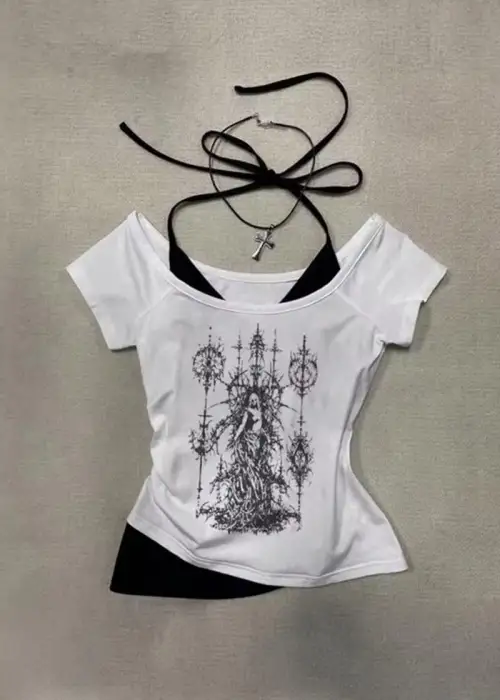 Beyaz Gotik Wizard Angel Beyaz Ekli Y2K Kısa Kollu Crop