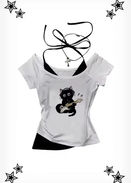 Beyaz Guitar Cat Madonna Yaka Ek Askılı Kısa Kollu Crop