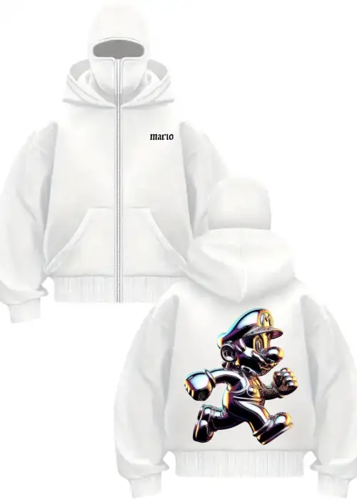 Beyaz Holo Mario Baskılı Kar Maskeli Unisex Sweatshirt Hırka