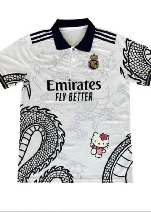 Beyaz Kitty Madrid Forma Dragon Jersey Siyah Düğmeli Yaka T-shirt