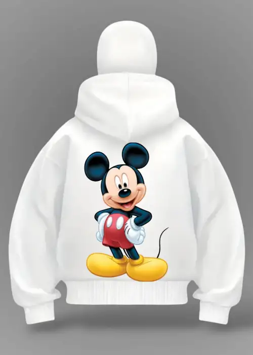 Beyaz Mickey Mouse Baskılı Kar Maskeli Unisex Sweatshirt Hırka