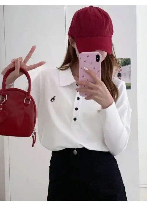 Beyaz Nakışlı Polo Yaka Uzun Kol T-shirt