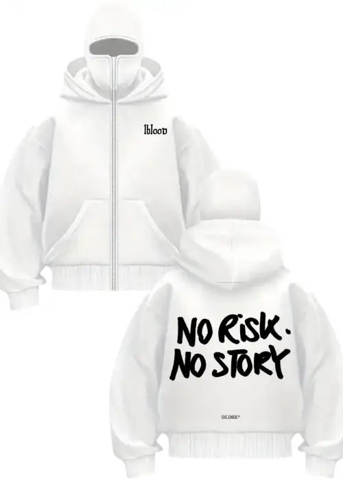 Beyaz No Risk No Story Baskılı Kar Maskeli Unisex Sweatshirt Hırka