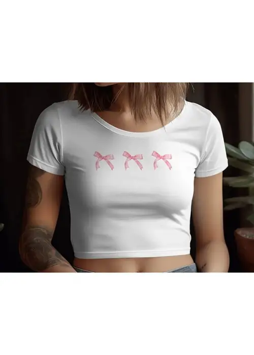 Beyaz Pembe Kurdele Fiyonk Desenli Crop Body