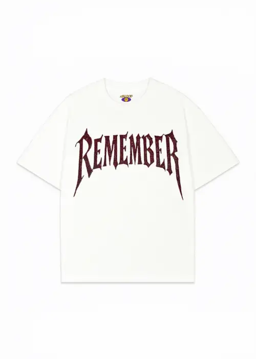 Beyaz Remember Kırmızı Taş Baskılı Oversize Unisex T-shirt