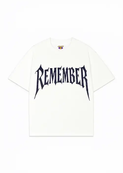Beyaz Remember Mavi Taş Baskılı Oversize Unisex T-shirt