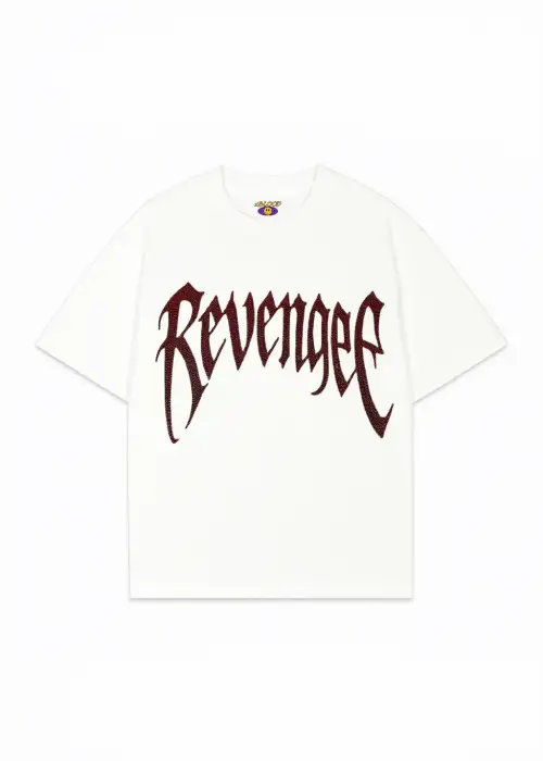Beyaz Revenge Kırmızı Taş Baskılı Oversize Unisex T-shirt