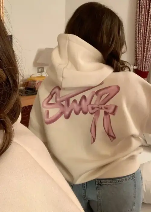 Beyaz Swd Kurdele Baskılı Oversize Kapüşonlu Sweat