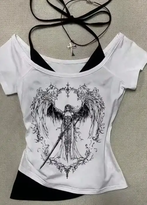 Beyaz Sword Warriror Angel Madonna Yaka Ek Askılı Kısa Kollu Full Body Crop