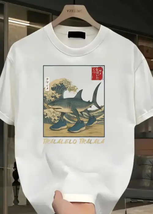 Beyaz Tralalero Tralala Baskılı Unisex Oversize T-Shirt