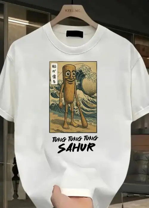 Beyaz Tung Tung Tung Sahur Baskılı Unisex Oversize T-Shirt