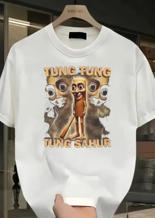 Beyaz Tung Tung Tung Sahur Baskılı Unisex Oversize T-Shirt