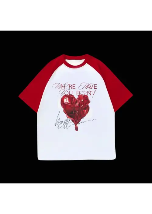 Beyaz Unisex Kırmızı Reglan Hearth Ballon T-Shirt