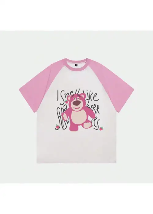 Beyaz Unisex Pembe Reglan Cute Bear T-Shirt
