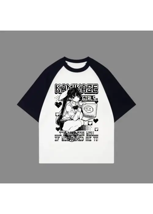 Beyaz Unisex Siyah Reglan Kamikaze T-Shirt