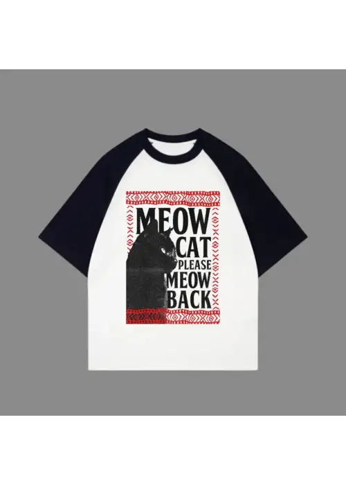Beyaz Unisex Siyah Reglan Meow Cat T-Shirt