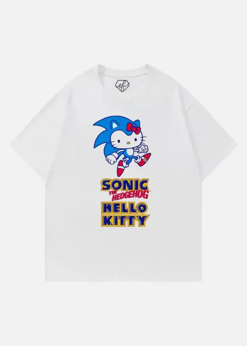 Beyaz Unisex Sonic The Hedgehogs Hello Kitty T-Shirt