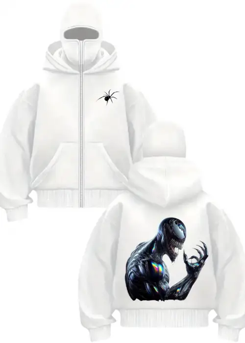 Beyaz Venom Baskılı Kar Maskeli Unisex Sweatshirt Hırka