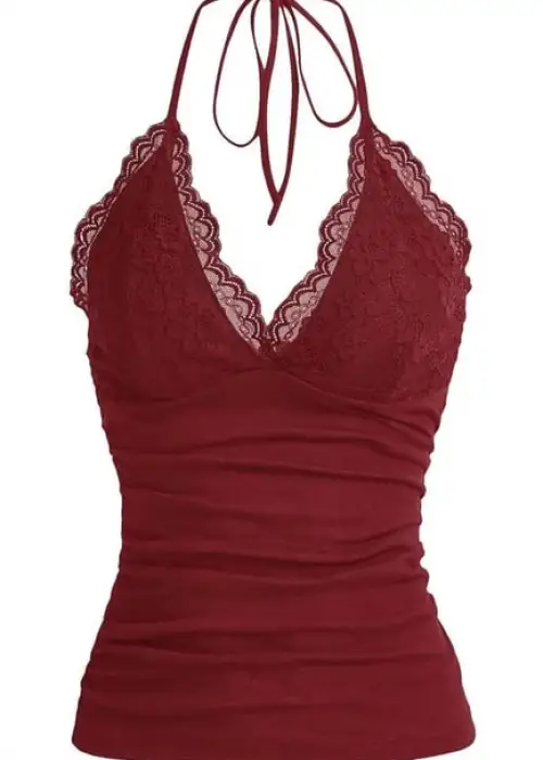 Bordo Dantelli V Yaka Gothic Boyun Bağlamalı Full Body Crop