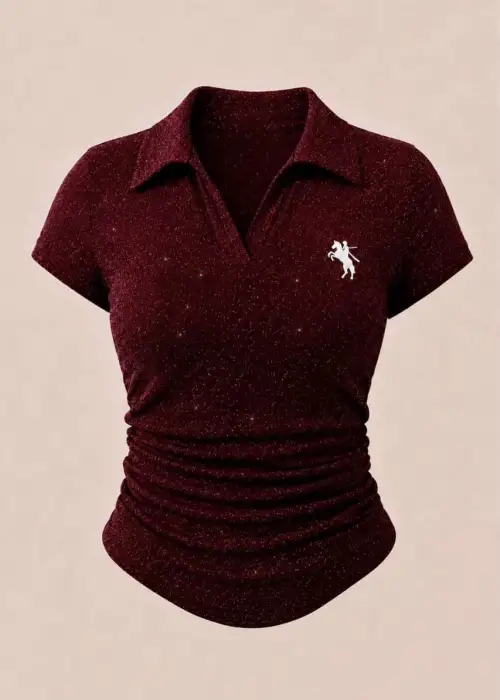 Bordo Simli Polo Yaka Büzgülü Bluz