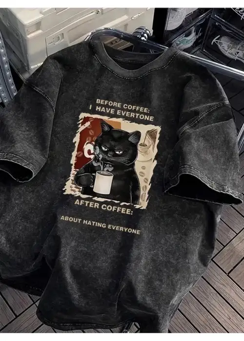 Coffe Cat Baskılı Yıkamalı Vintage Unisex Oversize T-Shirt