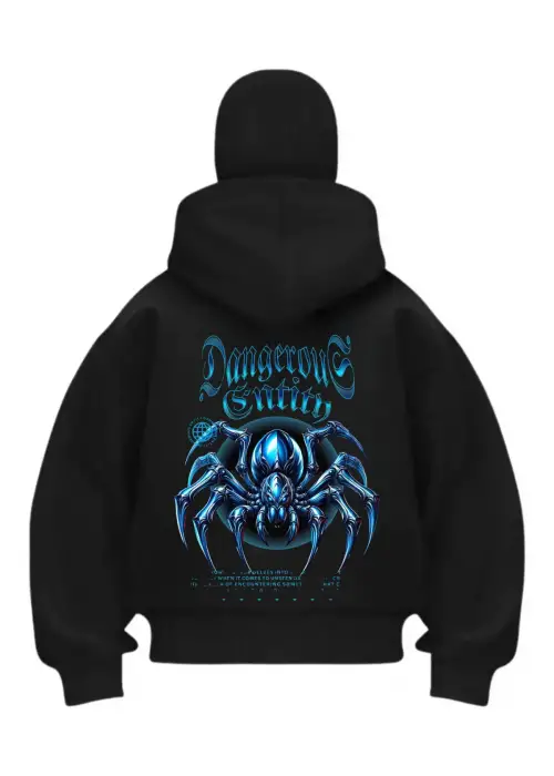 Dangerous Spider Baskılı Siyah Samuray Kar Maske Sweatshirt Hırka