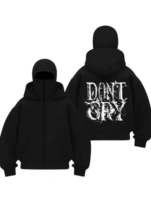 Dont Cry Baskılı Siyah Samuray Kar Maske Sweatshirt Hırka