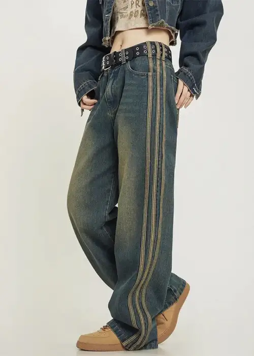 Eskitme Şerit Detaylı Mavi Baggy jean