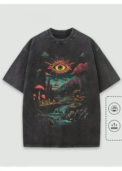 Fantastic Forest Baskılı Yıkamalı Vintage Unisex Oversize T-Shirt
