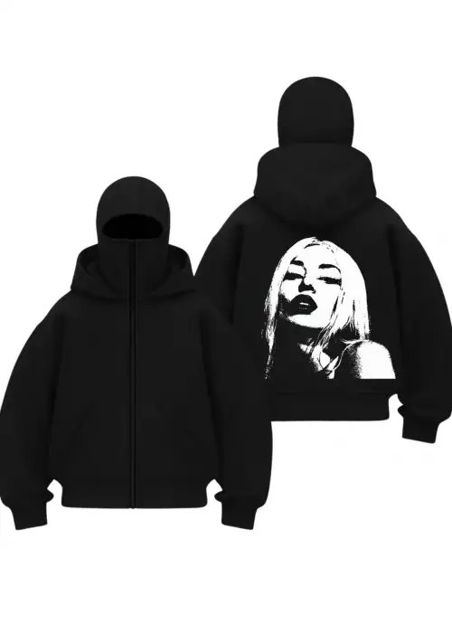 Gothic Girl Baskılı Siyah Samuray Kar Maske Sweatshirt Hırka