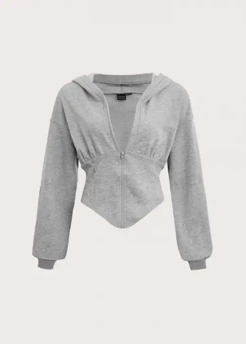 Gri Uzun Kollu Korse Kesim Fermuarlı Ceket