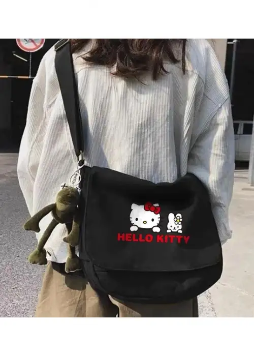 Hello Kitty Baskılı Unisex Siyah Postacı Çantası