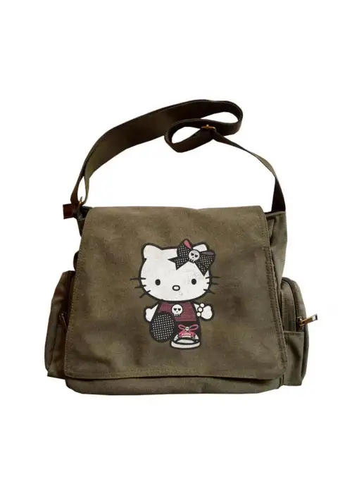 HELLO KİTTY GOTH BASKILI UNİSEX YEŞİL POSTACI ÇANTASI