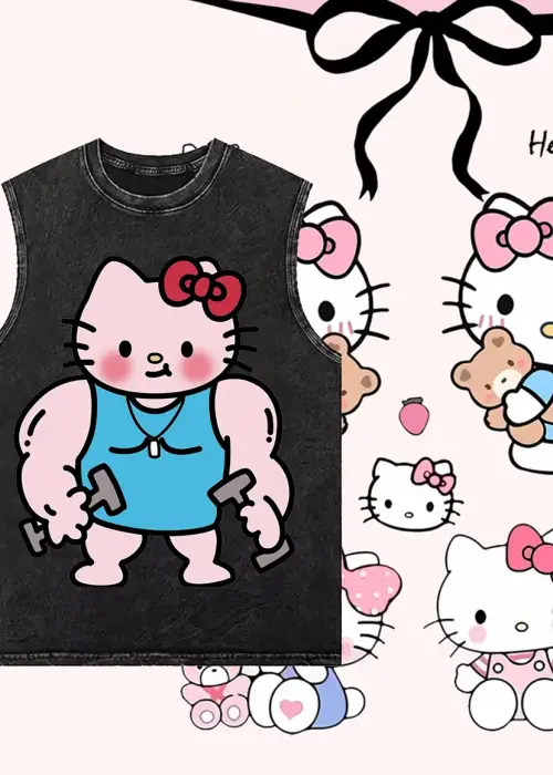 Hello Kitty Yıkanmış Eski Retro Atlet Bisiklet Yaka Yıkamalı Vintage Unisex Oversize
